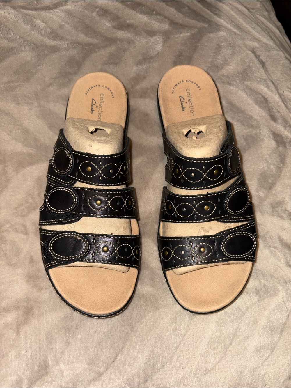 Clarks Black Leather Triple-Strap Slide Mules